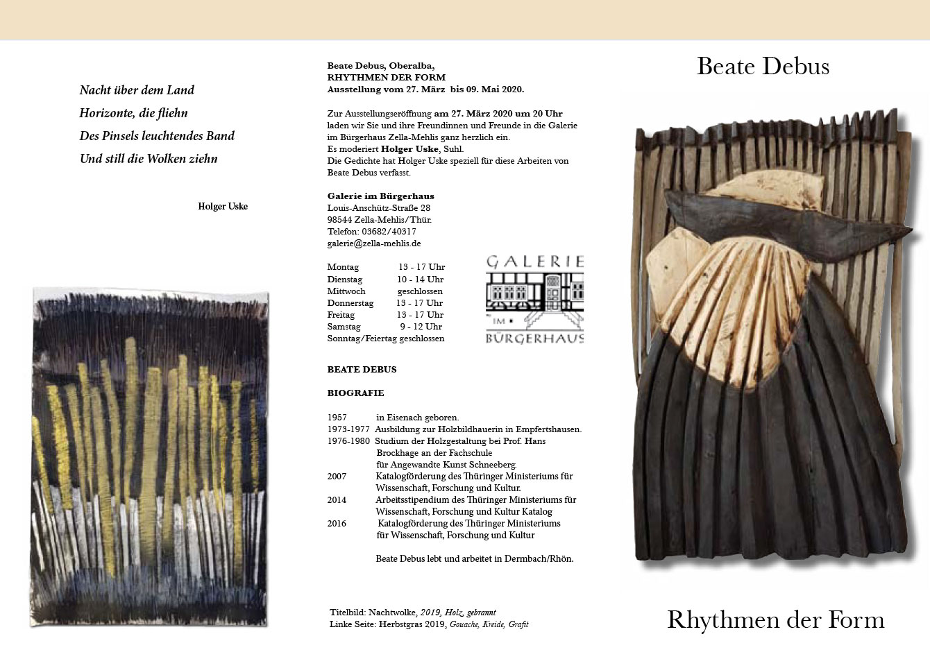 Flyer zur Ausstellung "Rhythmen der Form" . Beate Debus - Landschaftsstrukturen . Galerie im Bürgerhaus Zella-Mehlis 2020 (Gestaltung: Dietrich Ziebart)