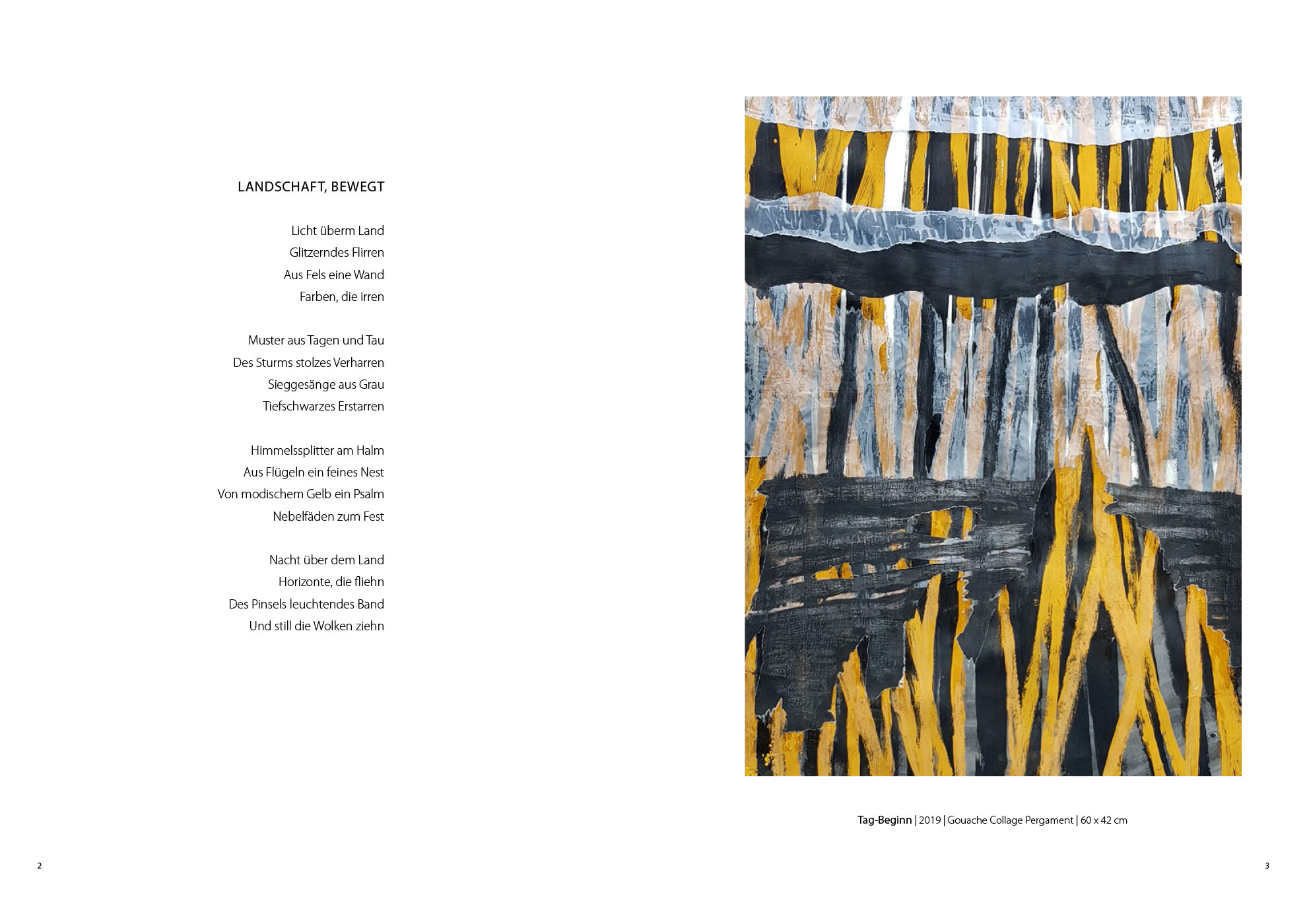 Landschaft, bewegt . Holger Uske | Tag-Beginn . Gouache Collage Pergament . Beate Debus . 2019 (Katalog "Rhytmen der Form", 2020)