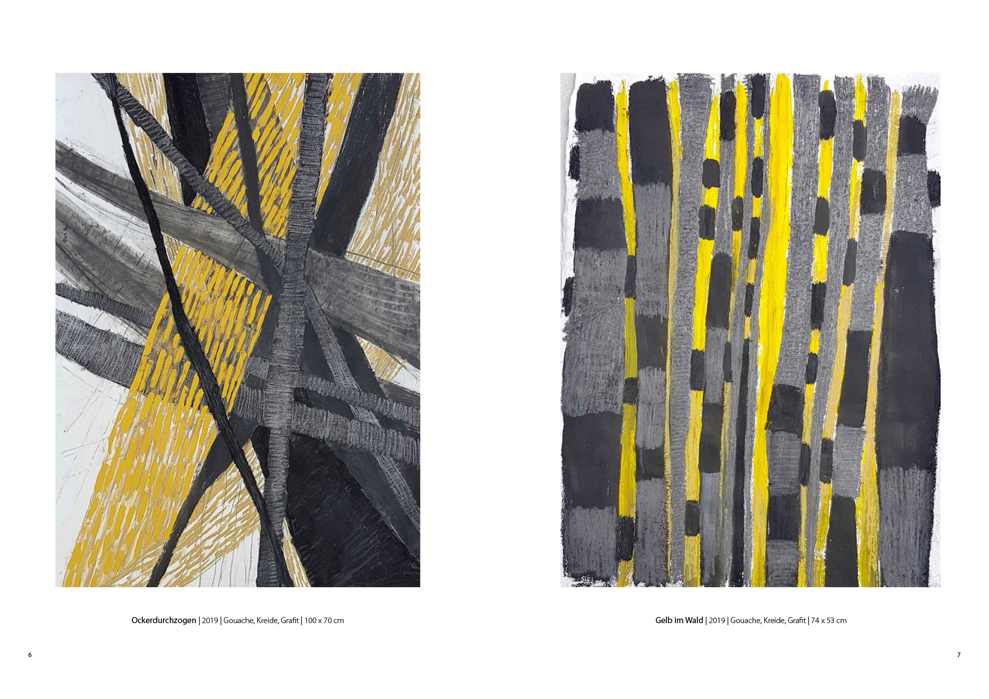 Ockerdurchzogen | Gelb im Wald . Gouache Kreide Grafit . Beate Debus . 2019 (Katalog "Rhytmen der Form", 2020)