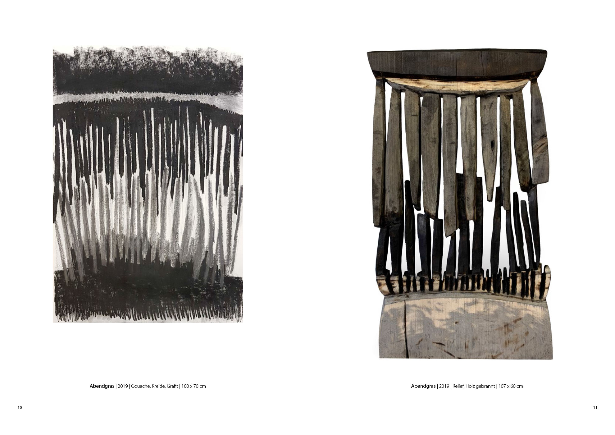 Abendgras . Gouache Kreide Grafit | Holzrelief . Beate Debus . 2019 (Katalog "Rhytmen der Form", 2020)