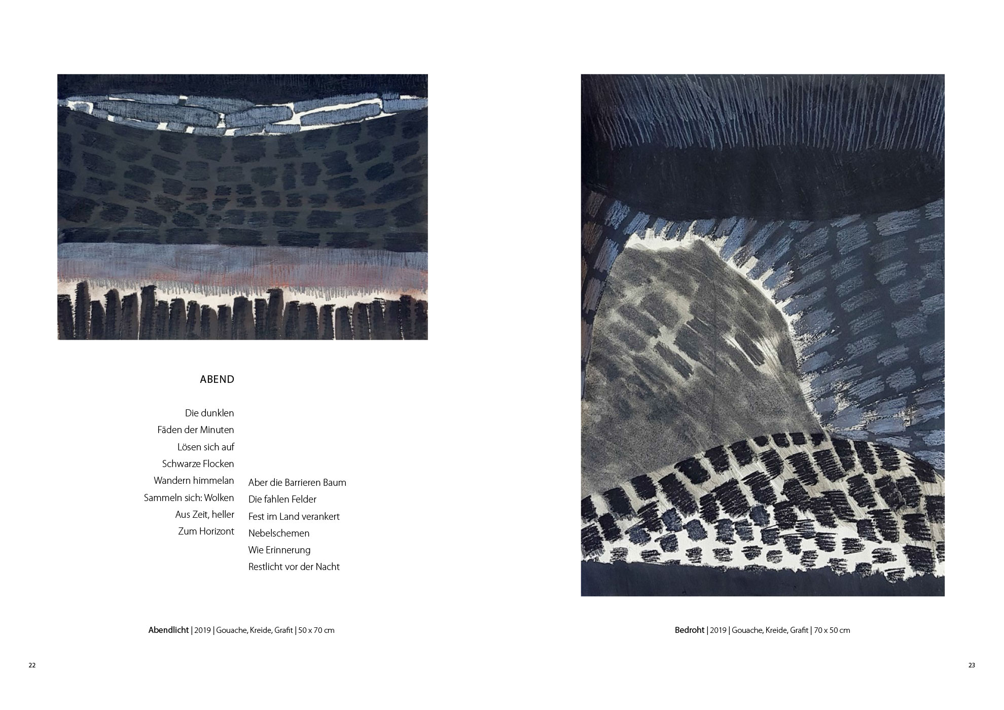 Abendlicht . Abend . Holger Uske | Bedroht . Gouache Kreide Grafit . Beate Debus . 2019 (Katalog "Rhytmen der Form", 2020)