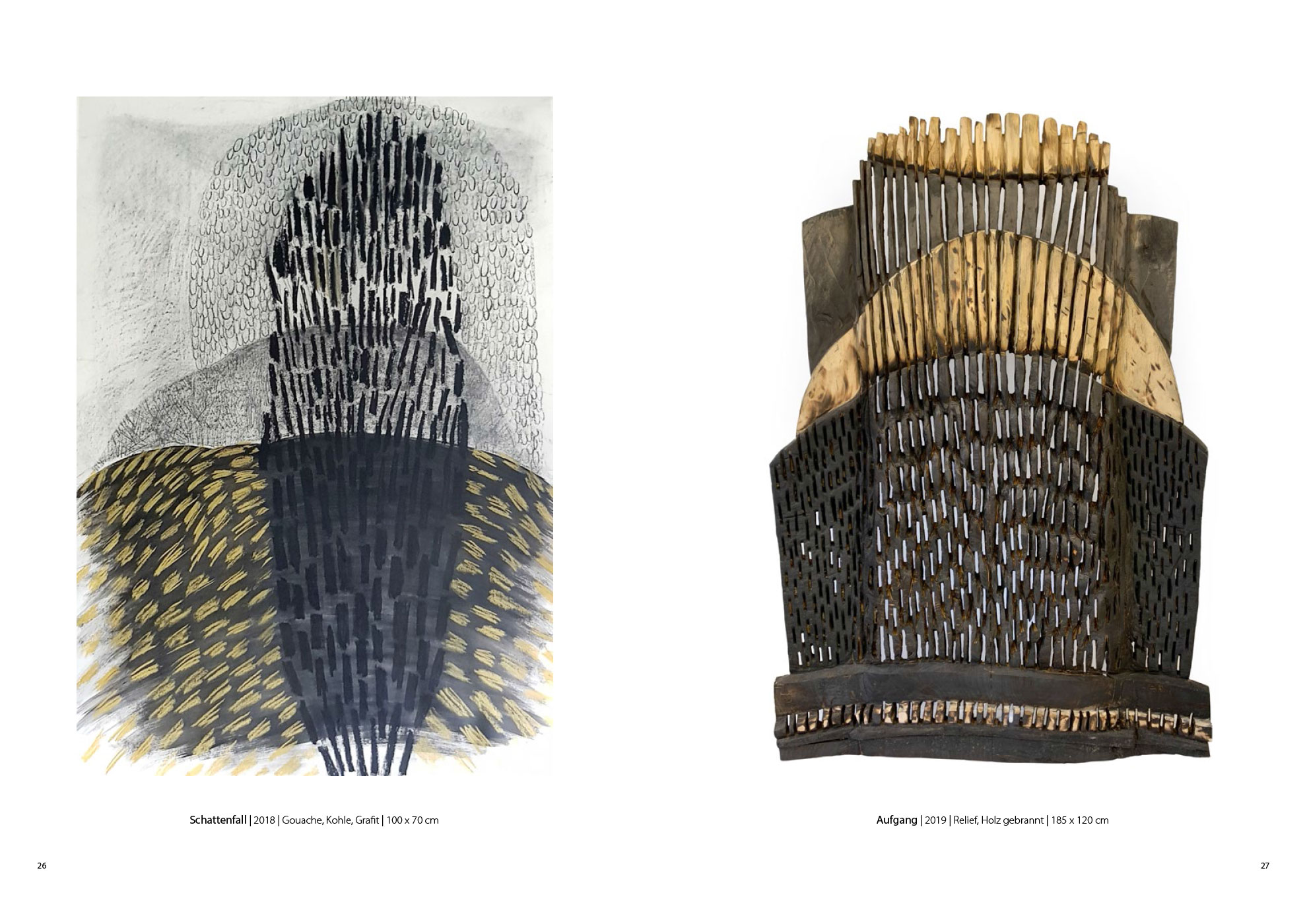 Schattenfall . Gouache Kreide Grafit | Aufgang . Holzrelief . Beate Debus . 2018/2019 (Katalog "Rhytmen der Form", 2020)