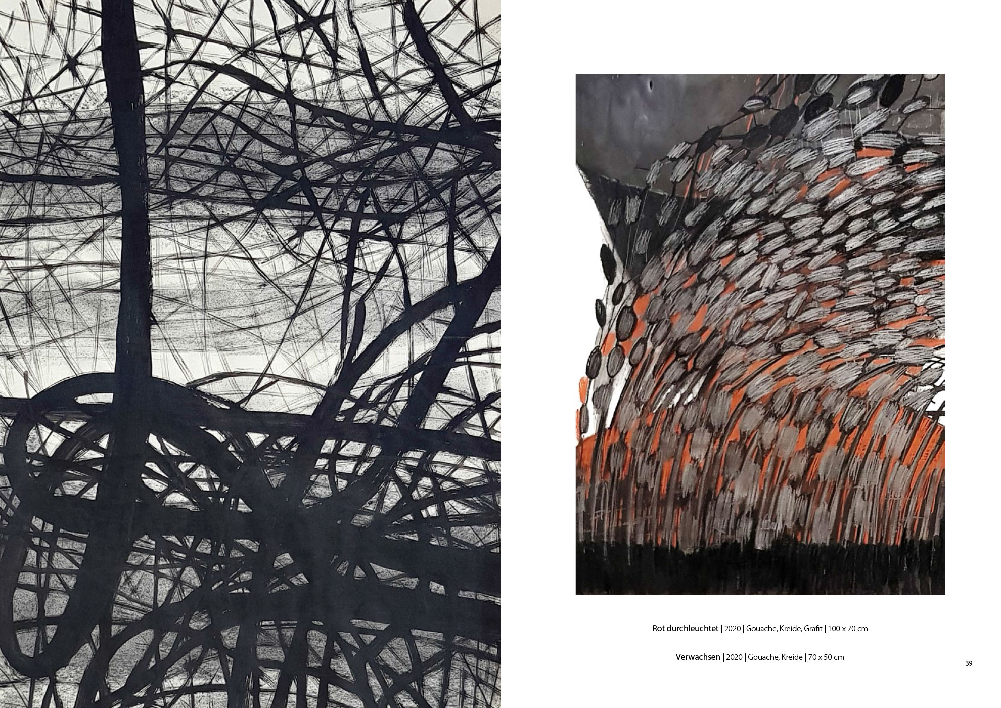 Verwachsen | Rot durchleuchtet . Gouache Kreide Grafit . Beate Debus . 2020 (Katalog "Rhytmen der Form", 2020)