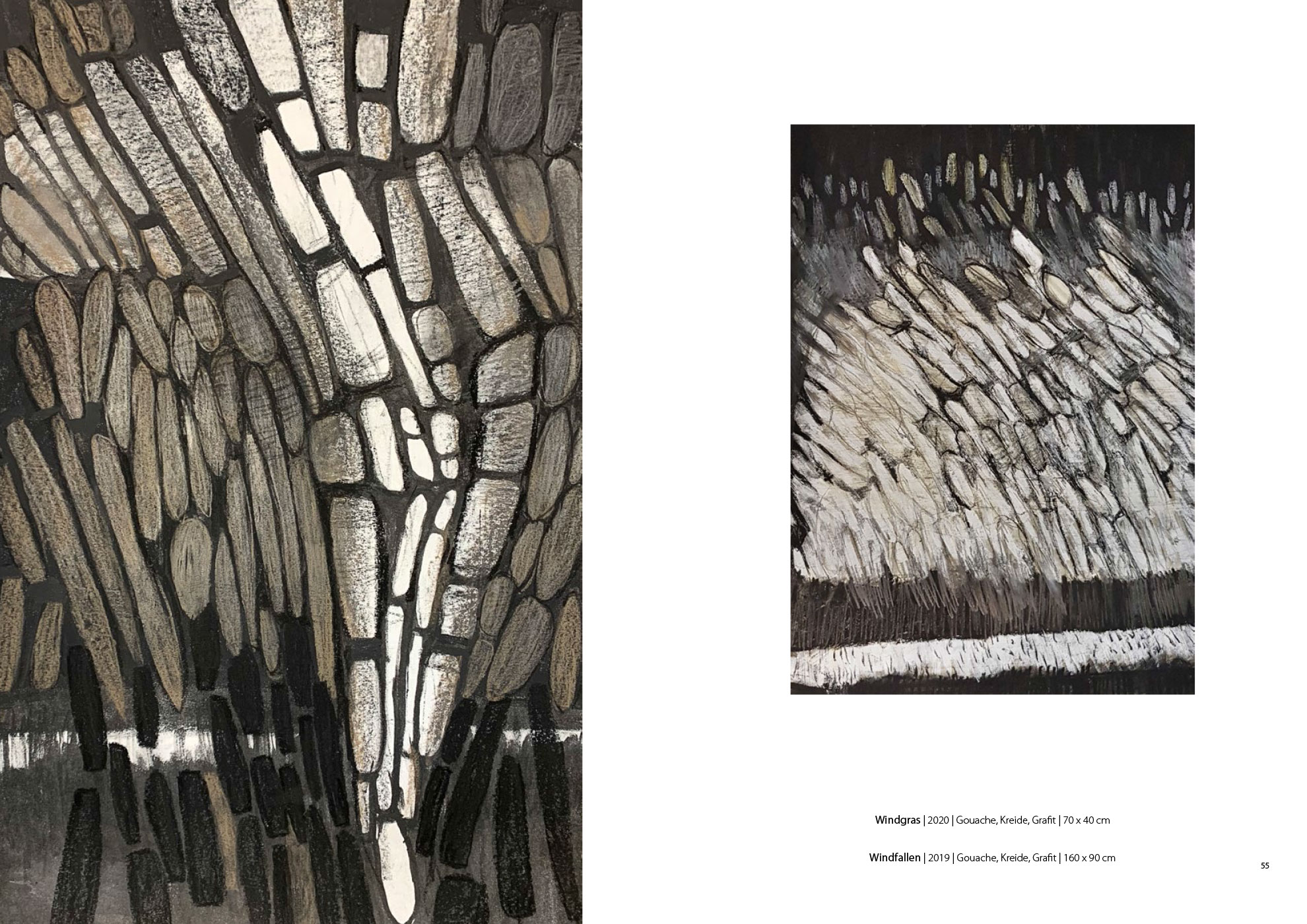 Windfallen | Windgras . Gouache Kreide Grafit . Beate Debus . 2019/2020 (Katalog "Rhytmen der Form", 2020)