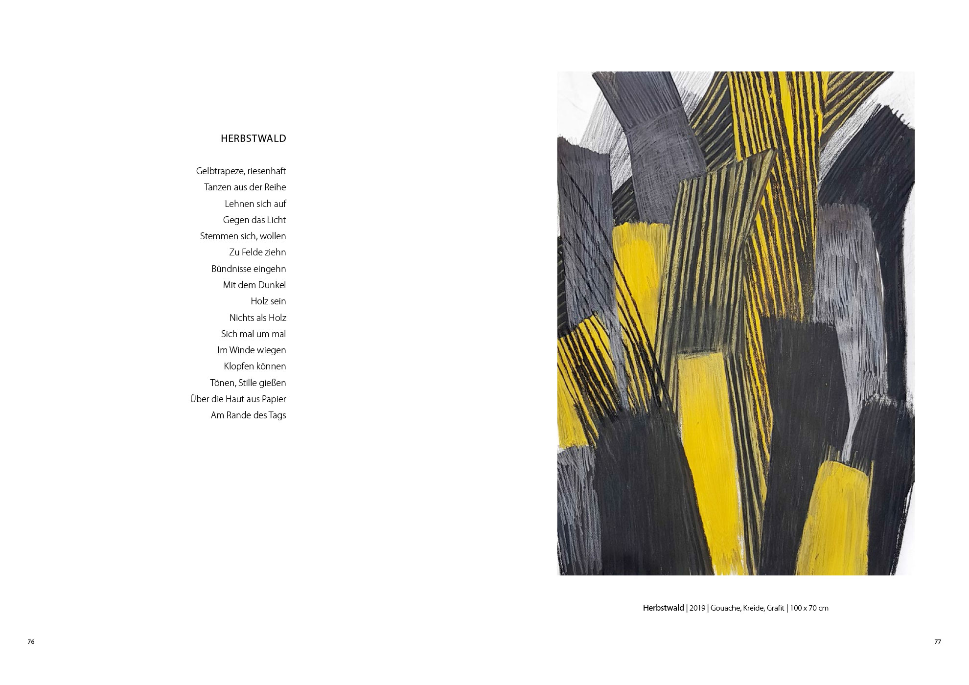 Herbstwald . Holger Uske | Herbstwald . Gouache Kreide Grafit . Beate Debus . 2019 (Katalog "Rhytmen der Form", 2020)