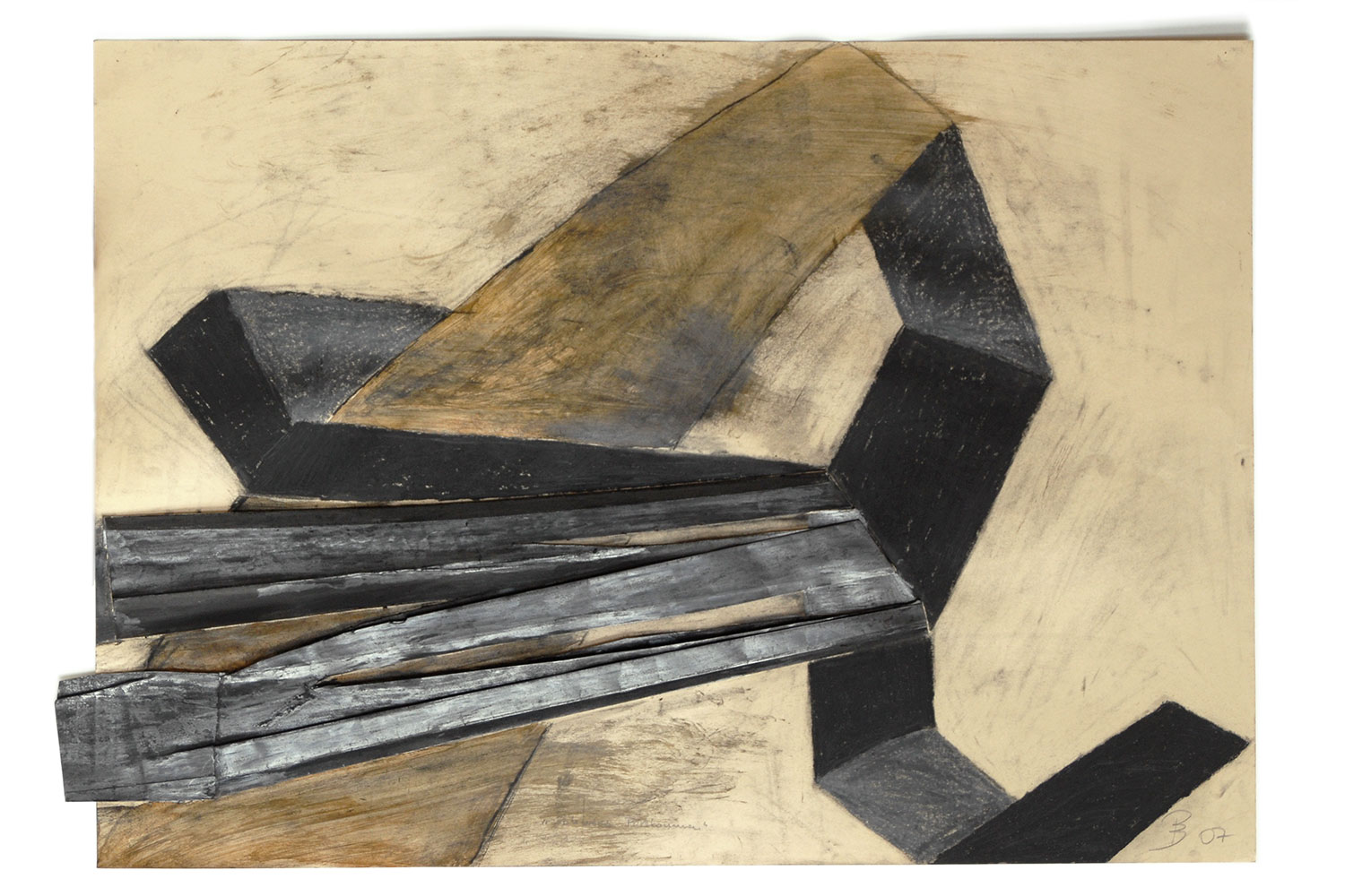 Schweres Fortkommen . Kreide Graphit Zeichnung, Papiercollage . Beate Debus . 2007