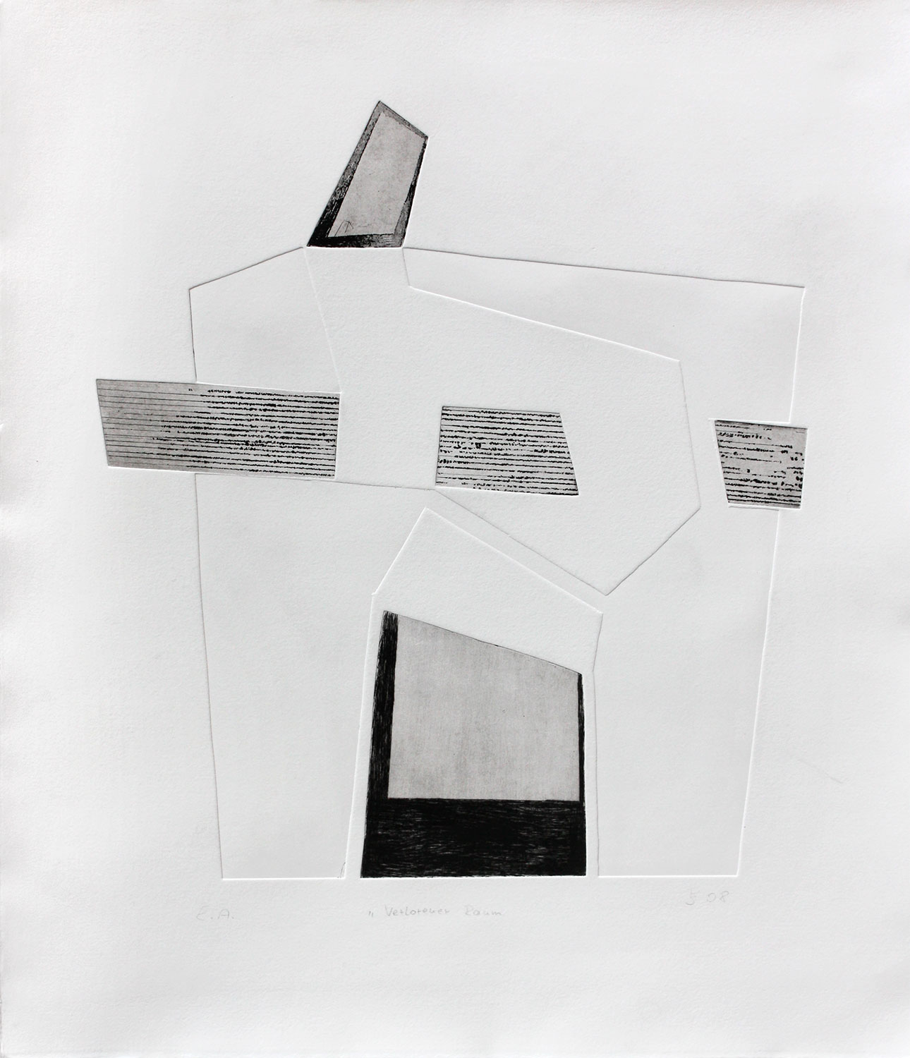 Verlorener Raum . Aquatinta, Kaltnadelradierung, Prägung . Beate Debus . 2009